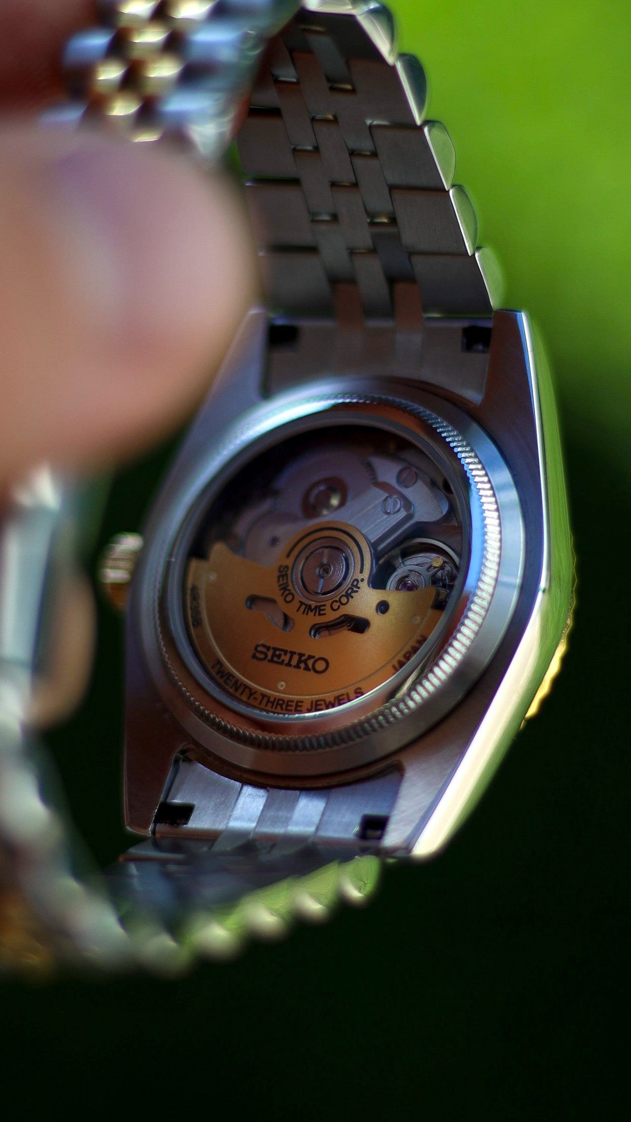 PrestigeWatchMods Custom Seiko Mod Two Tone Datejust style NH35 automatic watch, Clear Case Back View