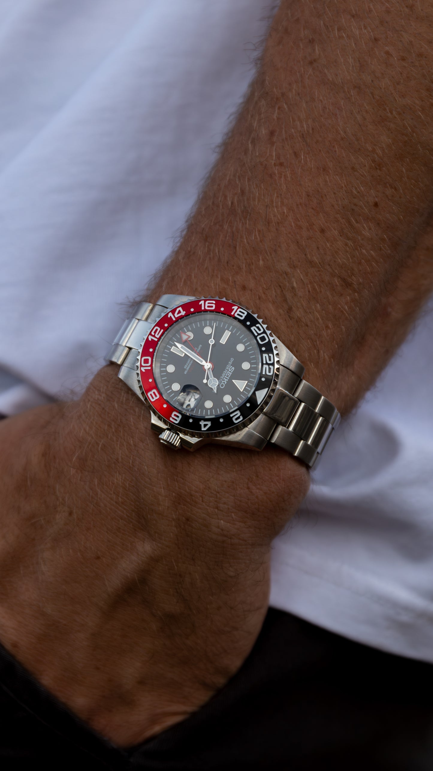 PrestigeWatchMods Custom Seiko "Coke" GMT NH34 Automatic Watch, Hero Shot 