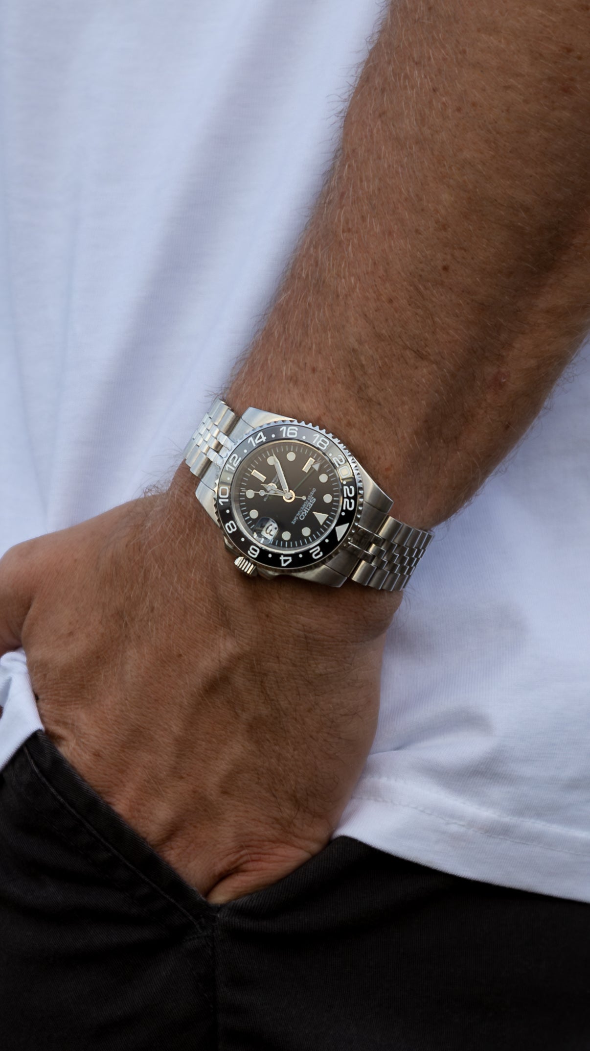 PrestigeWatchMods Custom Seiko "Bruce Wayne" GMT NH34 Automatic Watch, On Wrist View 