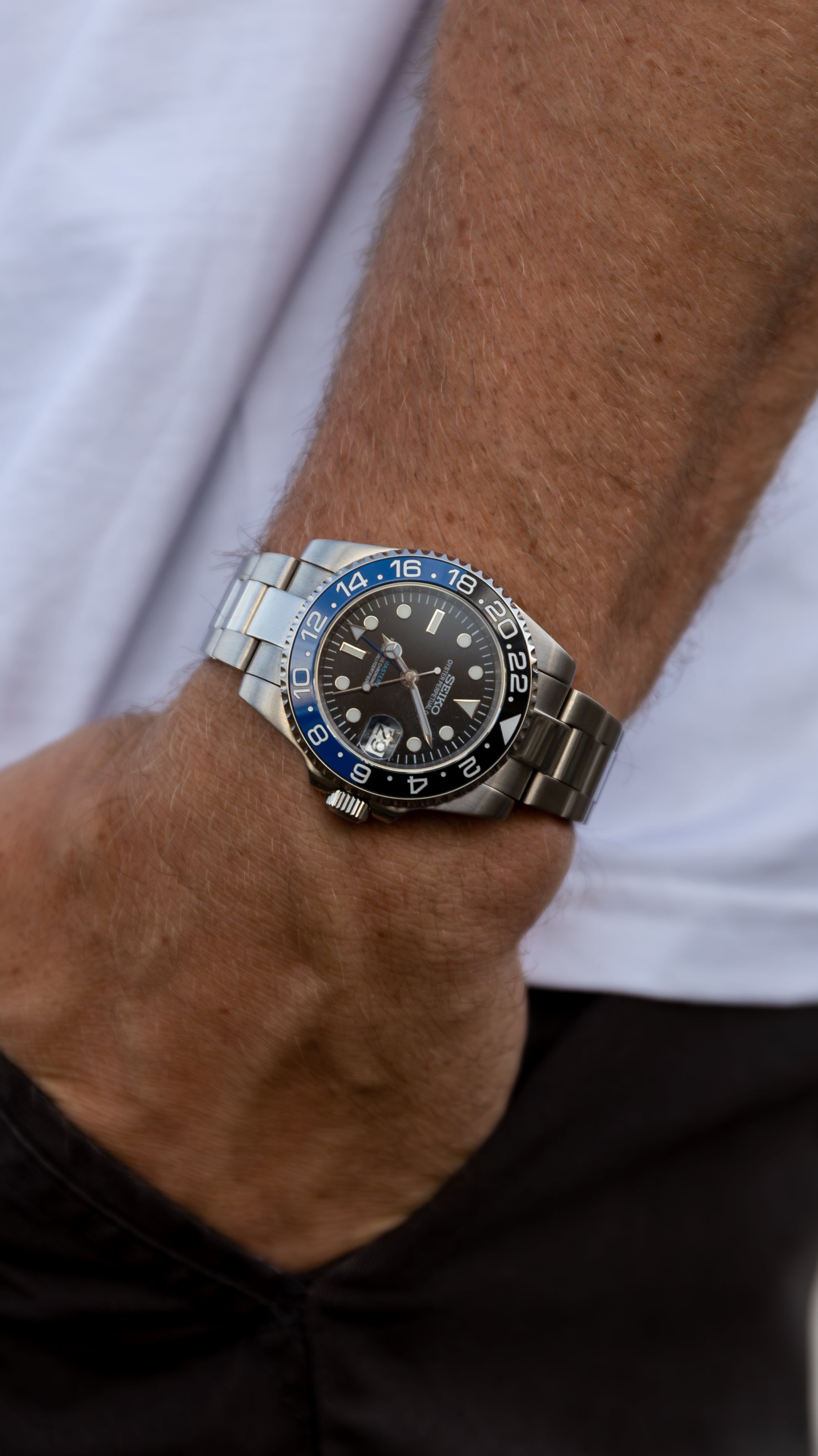 PrestigeWatchMods Custom Seiko "Batman" GMT NH34 Automatic Watch, Hero Shot View 