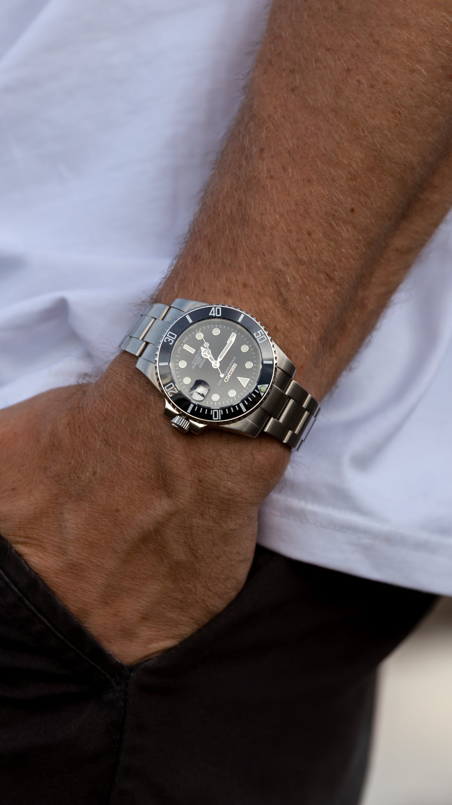 PrestigeWatchMods Custom Seiko Mod "Submariner Date" Watch, On Wrist View 