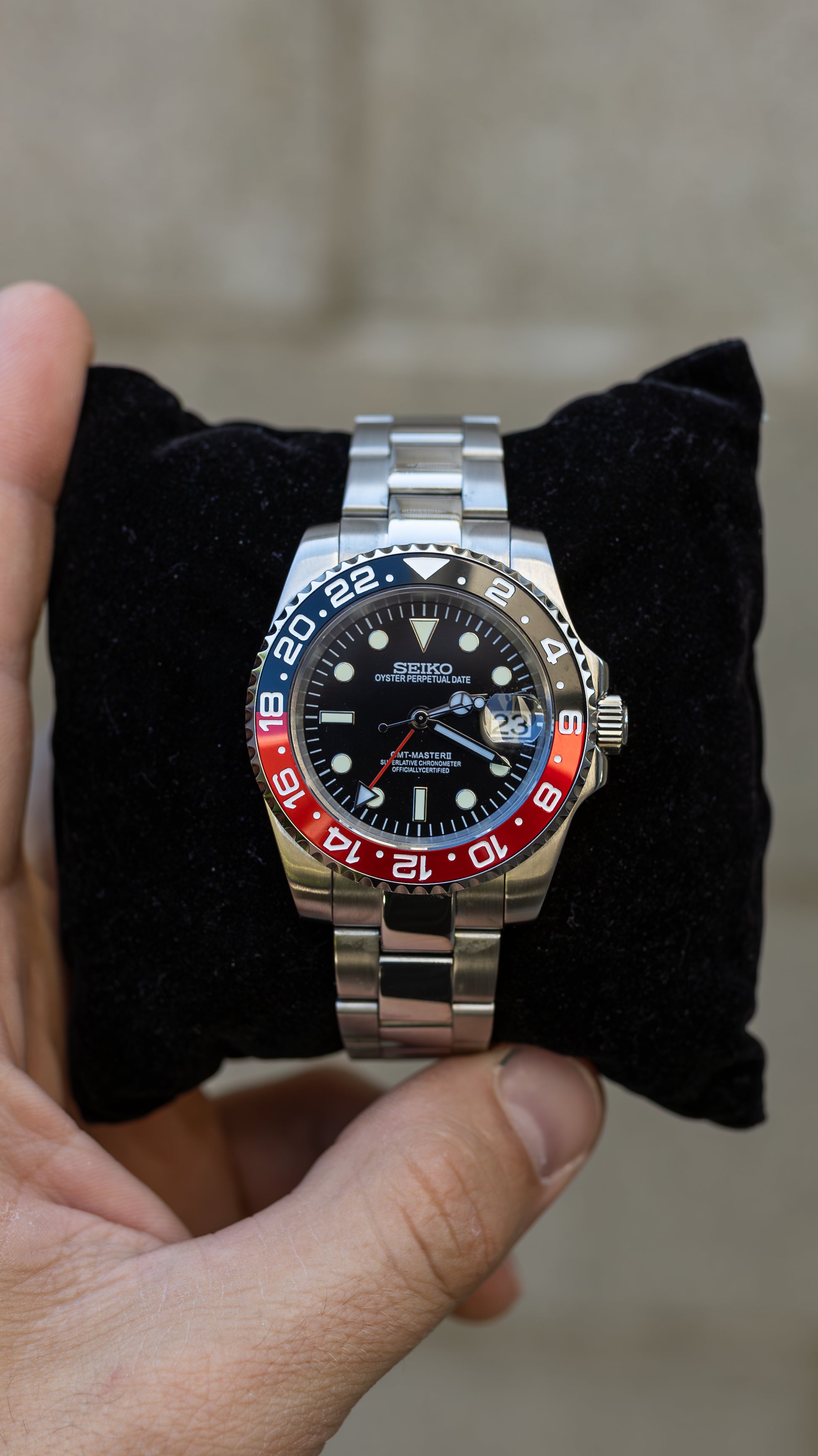 PrestigeWatchMods Custom Seiko "Coke" GMT NH34 Automatic Watch, Front view