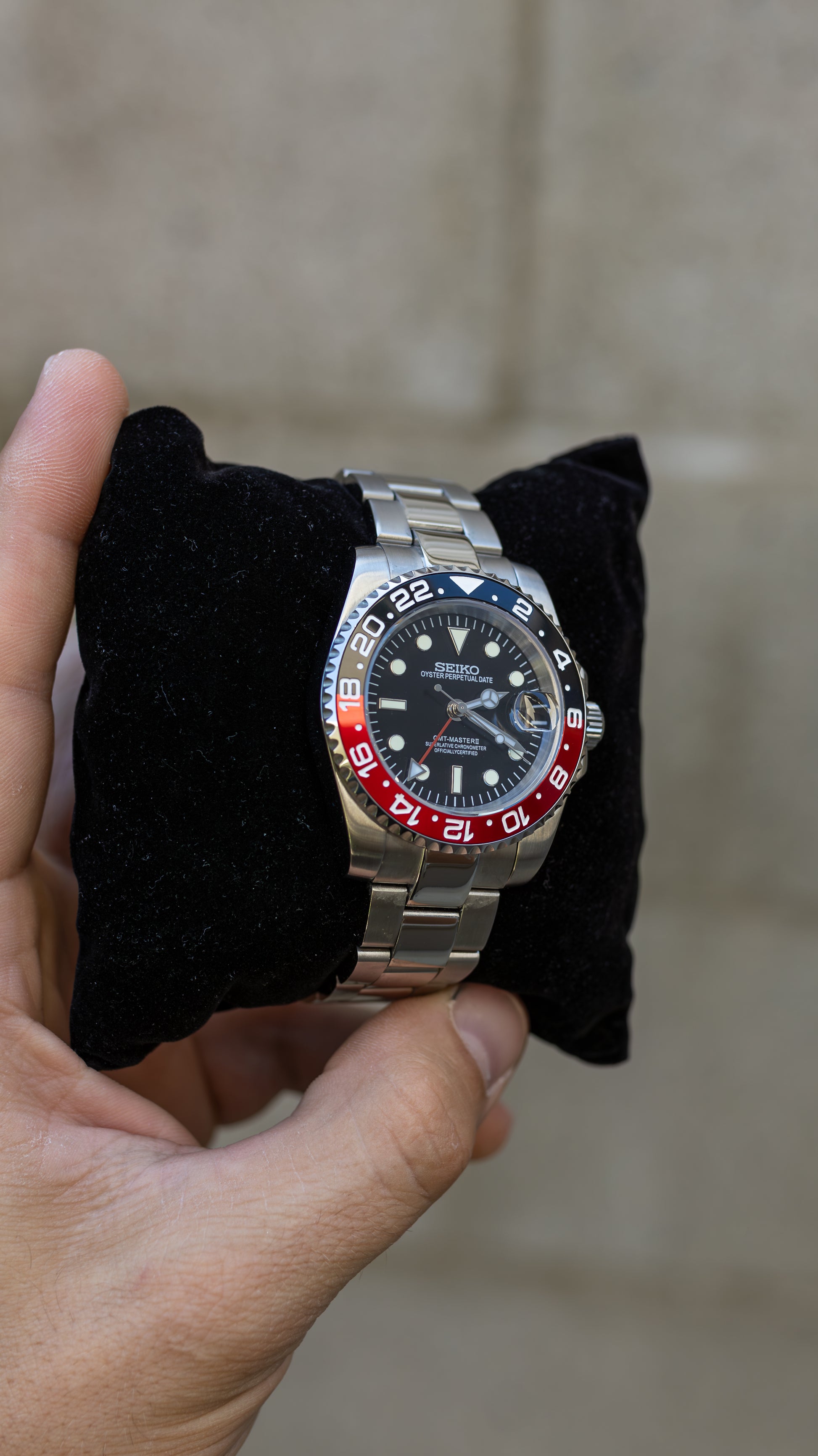 PrestigeWatchMods Custom Seiko "Coke" GMT NH34 Automatic Watch, Side View 