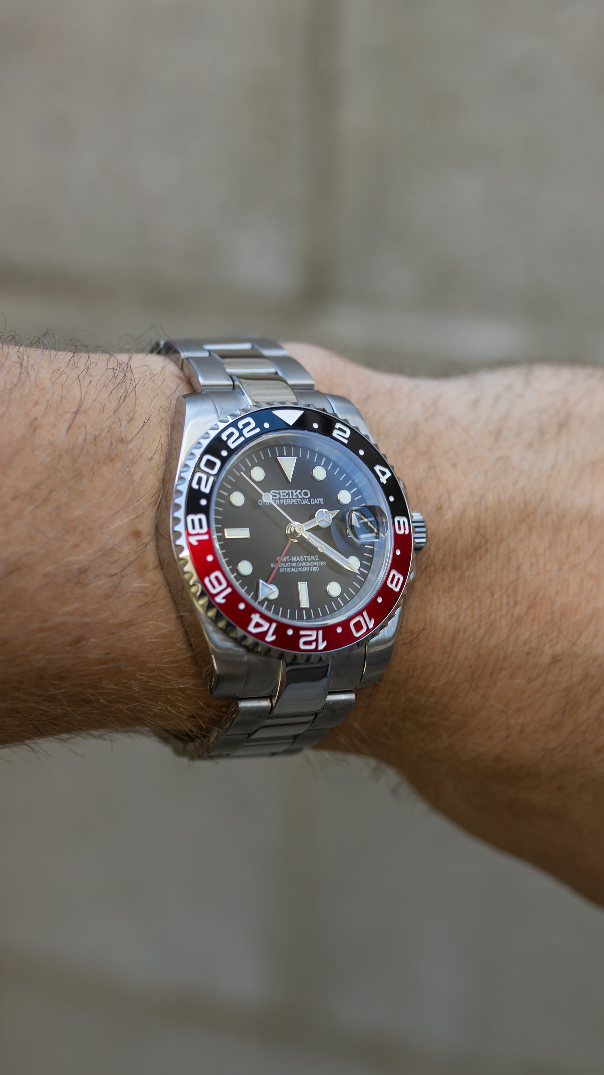 PrestigeWatchMods Custom Seiko "Coke" GMT NH34 Automatic Watch, On Wrist View 
