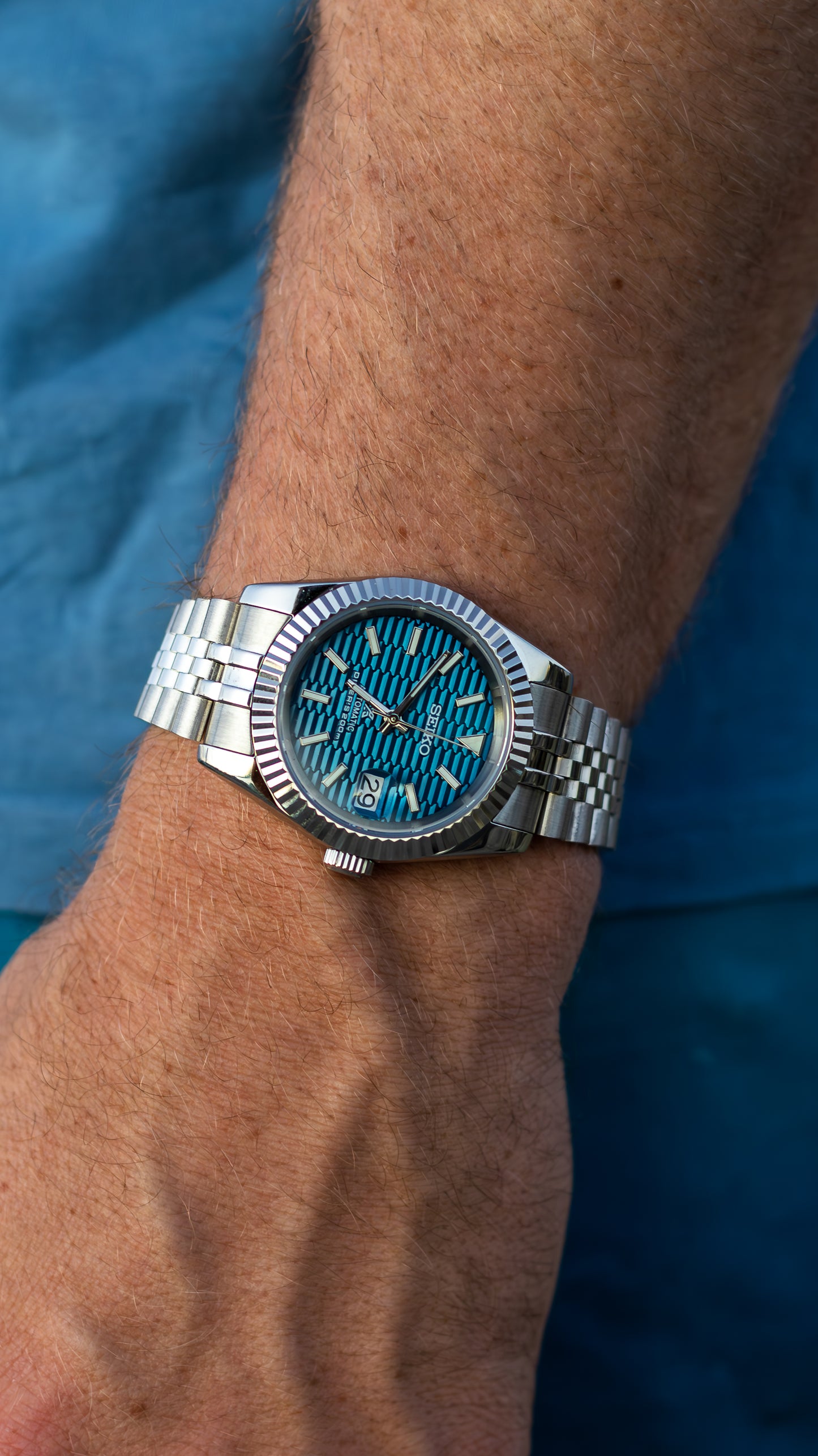 PrestigeWatchMods Custom Seiko Blue Motif Datejust style NH35 automatic watch