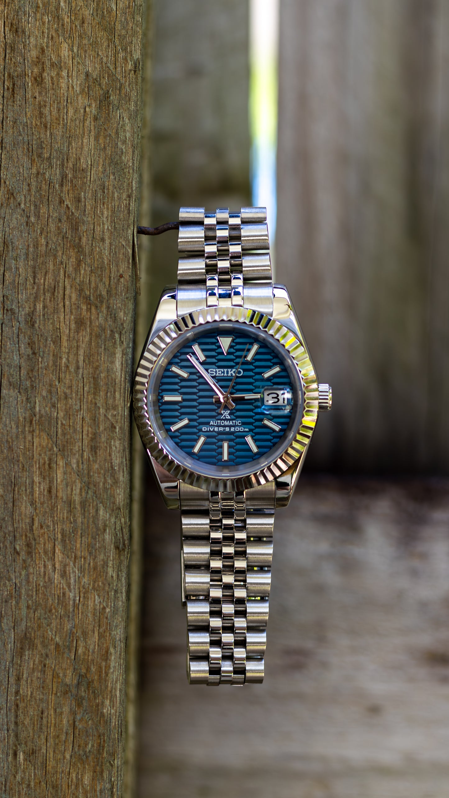 PrestigeWatchMods Custom Seiko Blue Motif Datejust style NH35 automatic watch