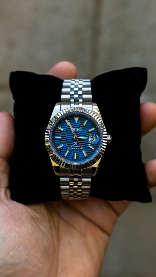PrestigeWatchMods Custom Seiko Blue Motif Datejust style NH35 automatic watch