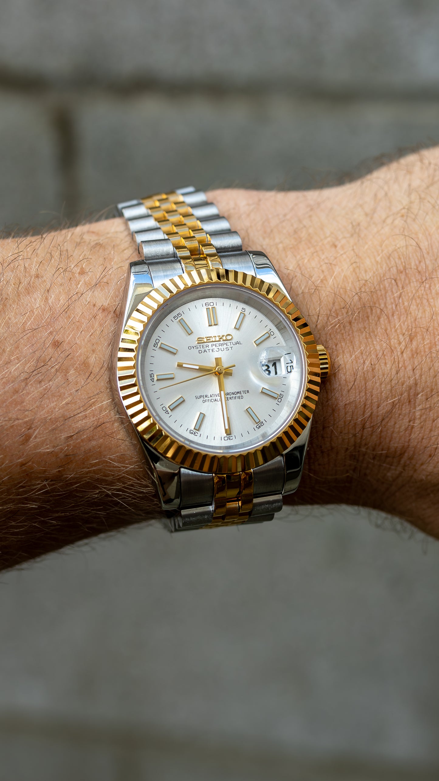 PrestigeWatchMods Custom Seiko Mod Two Tone Datejust style NH35 automatic watch