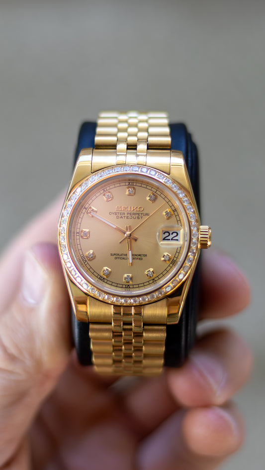 PrestigeWatchMods Custom Seiko Gold "Diamond" Datejust style NH35 automatic watch
