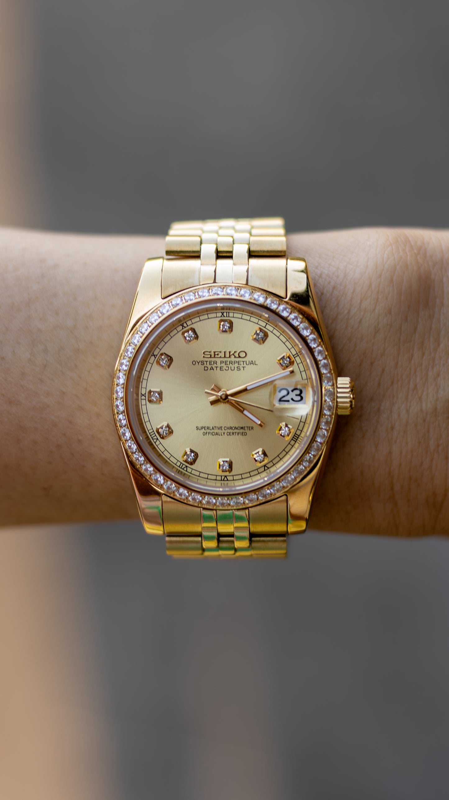 PrestigeWatchMods Custom Seiko Gold "Diamond" Datejust style NH35 automatic watch