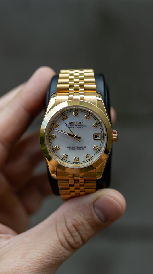 PrestigeWatchMods Custom Seiko Gold "Pearl" explorer style NH35 automatic watch