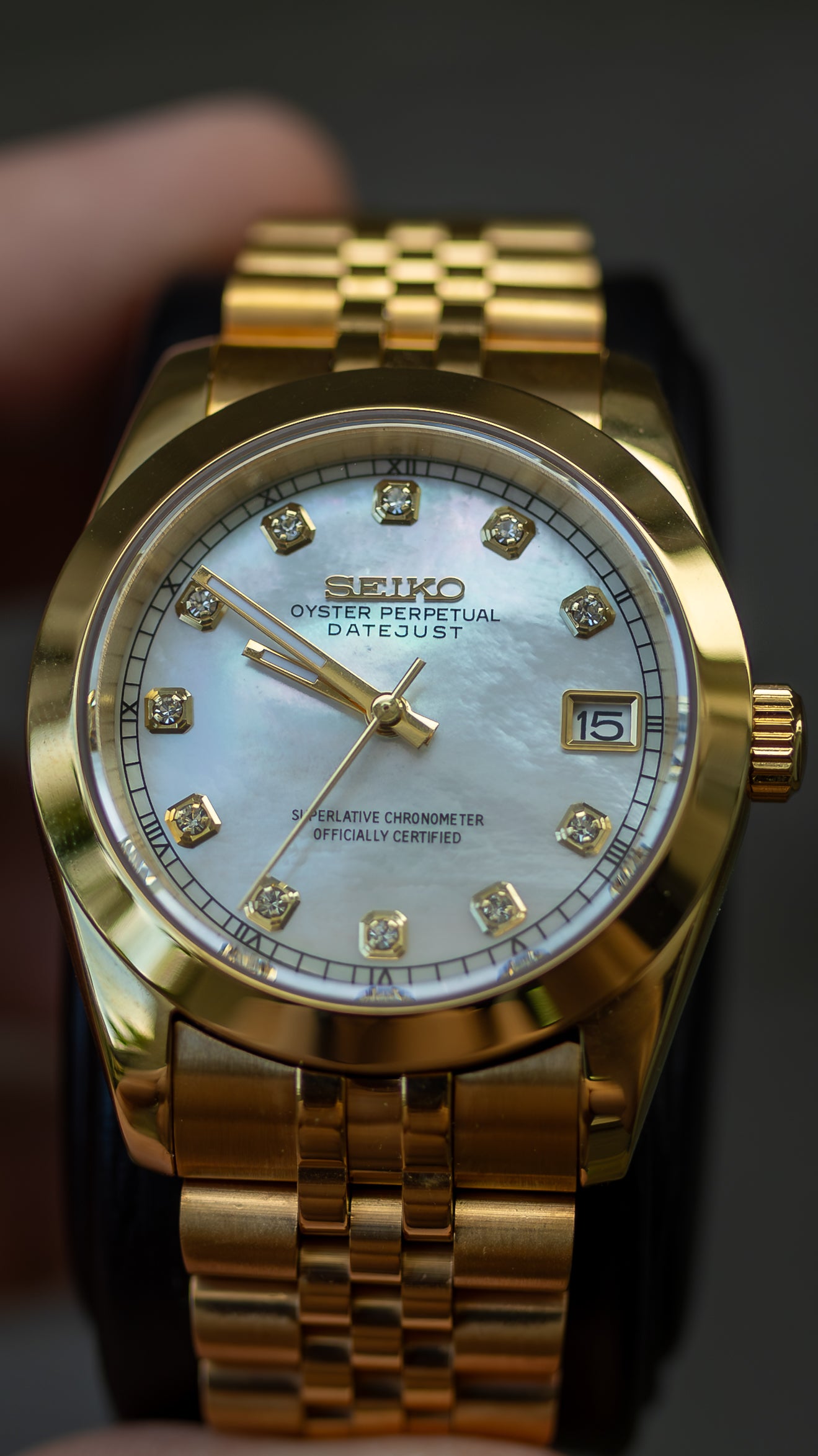 PrestigeWatchMods Custom Seiko Gold "Pearl" explorer style NH35 automatic watch