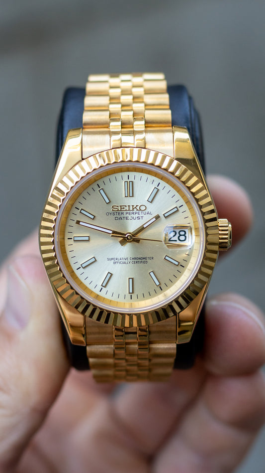 PrestigeWatchMods Custom Seiko Gold Datejust style NH35 automatic watch