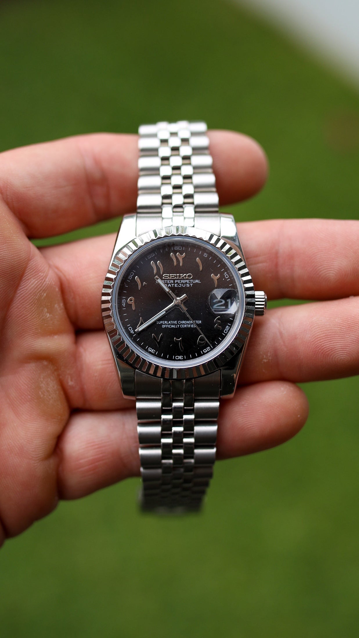 PrestigeWatchMods Custom Seiko Mod "Arabic Date" Datejust style NH35 automatic watch, Front View 