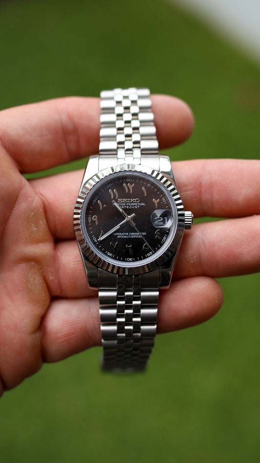 PrestigeWatchMods Custom Seiko Mod "Arabic Date" Datejust style NH35 automatic watch, Front View 
