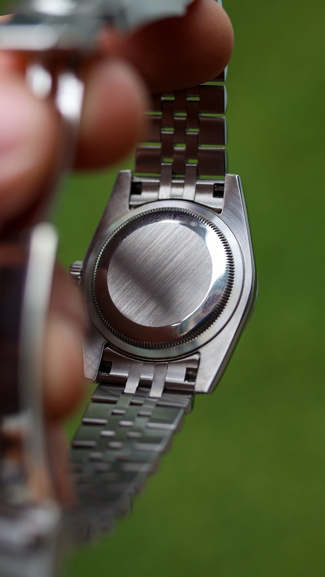 PrestigeWatchMods Custom Seiko Mod "Arabic Date" Datejust style NH35 automatic watch, Case Back View 