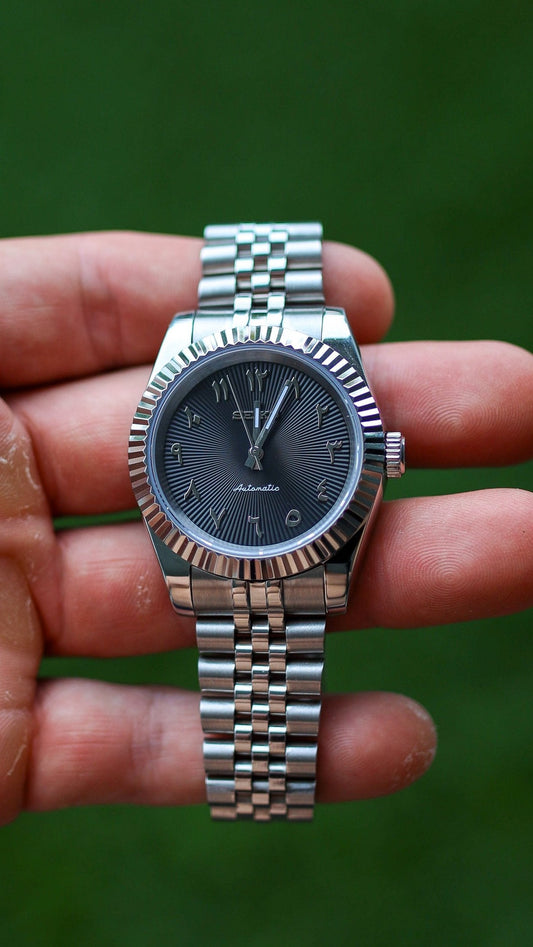 PrestigeWatchMods Custom Seiko Mod "Arabic" Datejust style NH38 automatic watch, Front View 