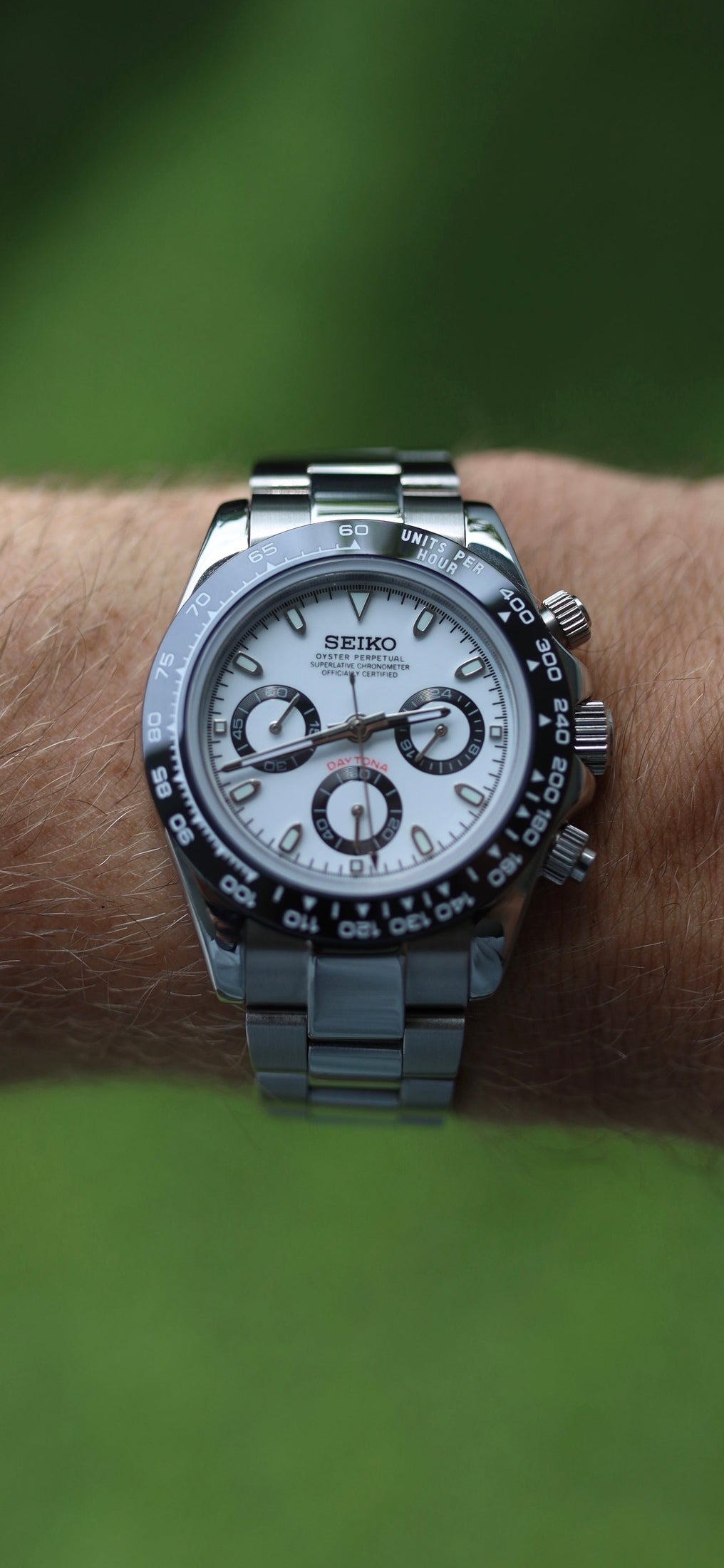 PrestigeWatchMods Custom Seiko Mod "Daytona" style Watch, Front View 