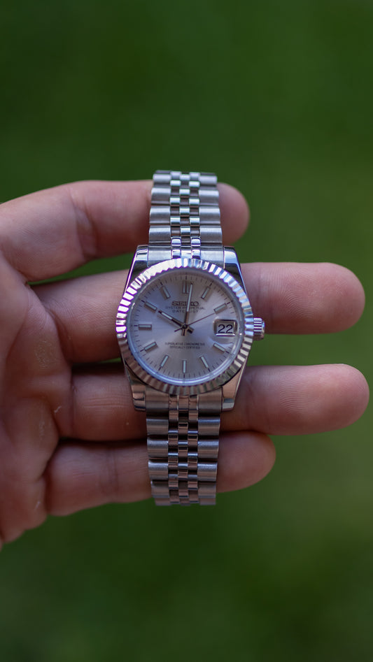PrestigeWatchMods Custom Seiko Silver Datejust style NH35 automatic watch, Front View 