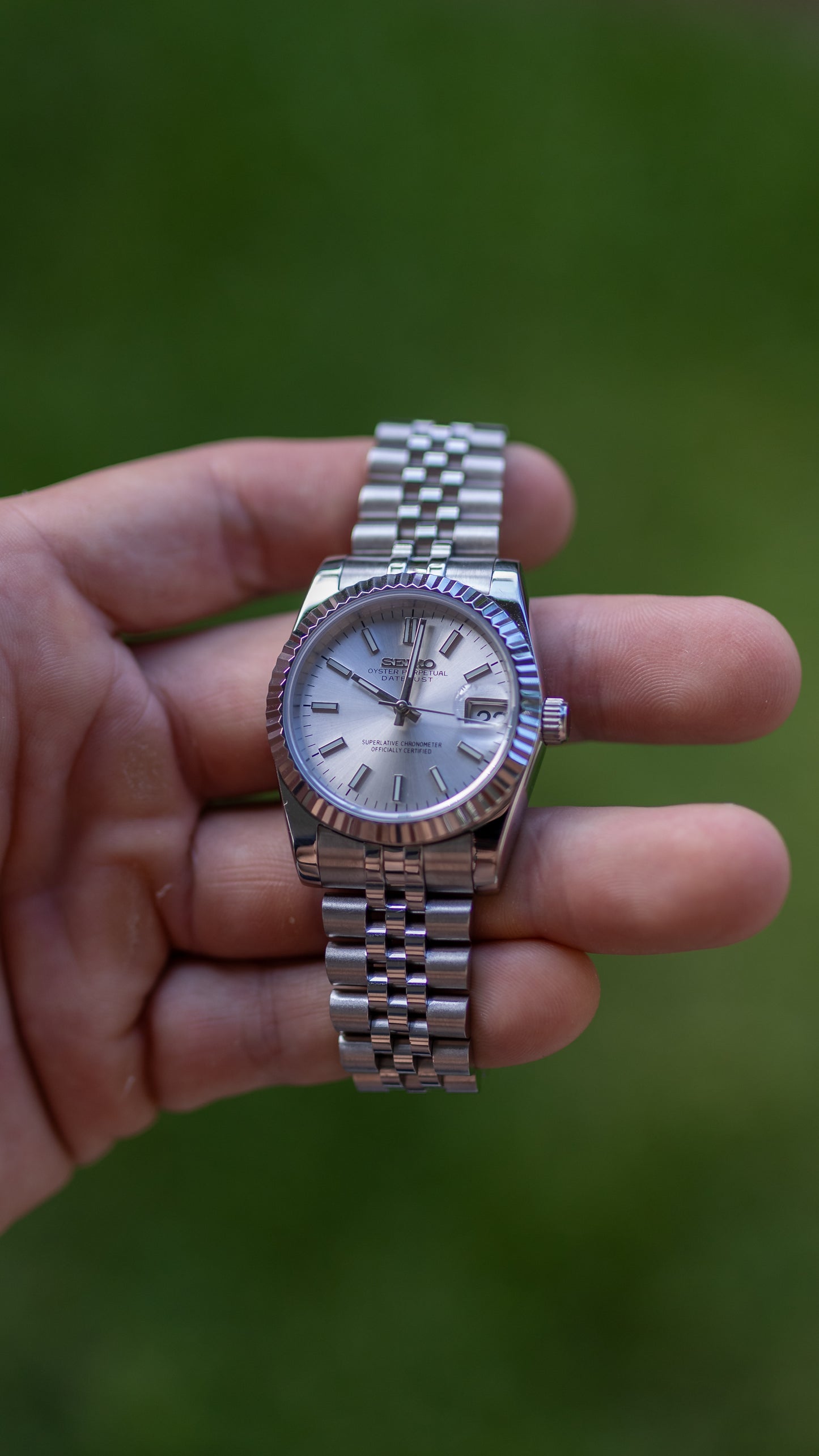 PrestigeWatchMods Custom Seiko Silver Datejust style NH35 automatic watch, Side View 