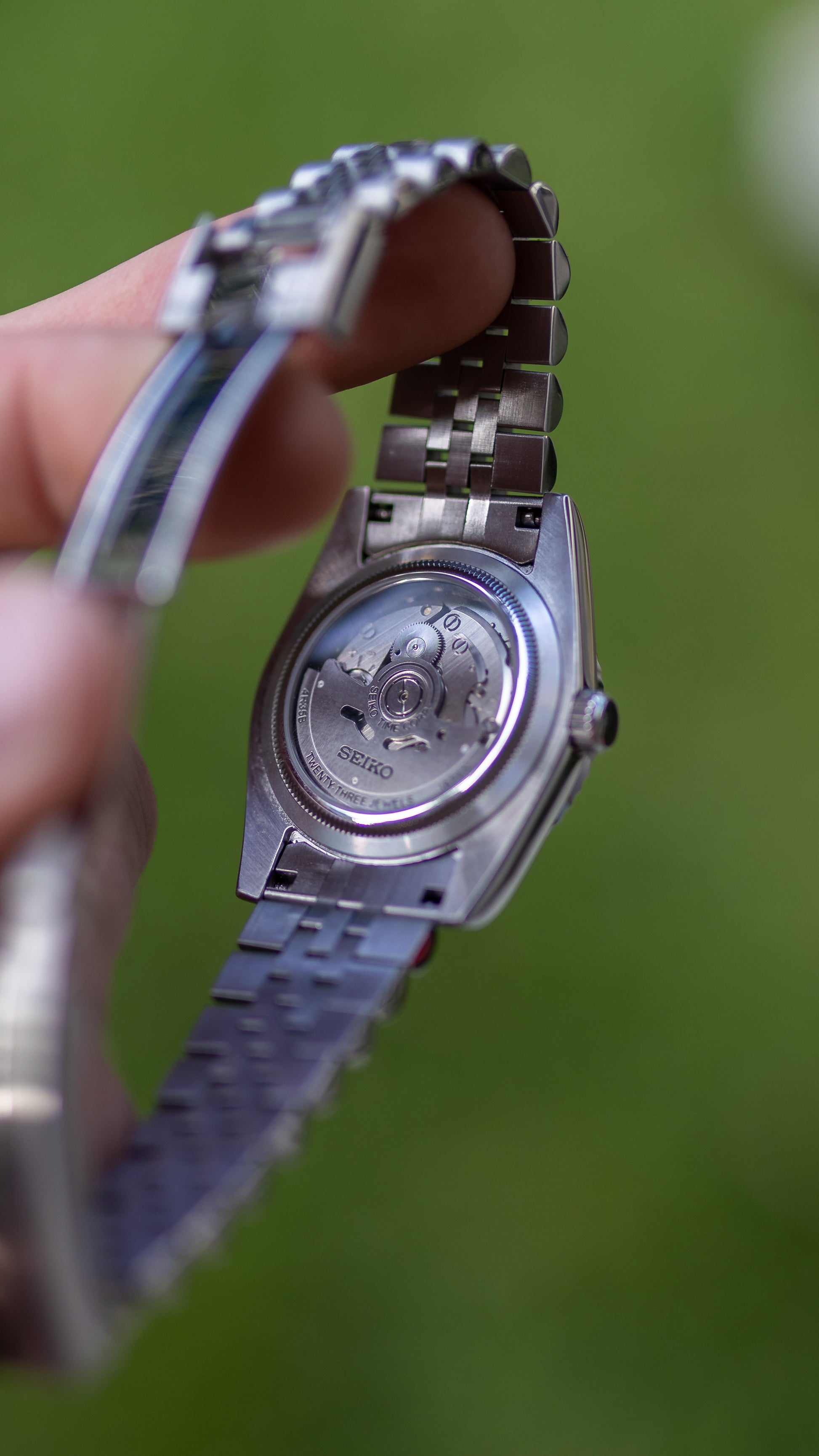 PrestigeWatchMods Custom Seiko Silver Datejust style NH35 automatic watch, Case Back View 