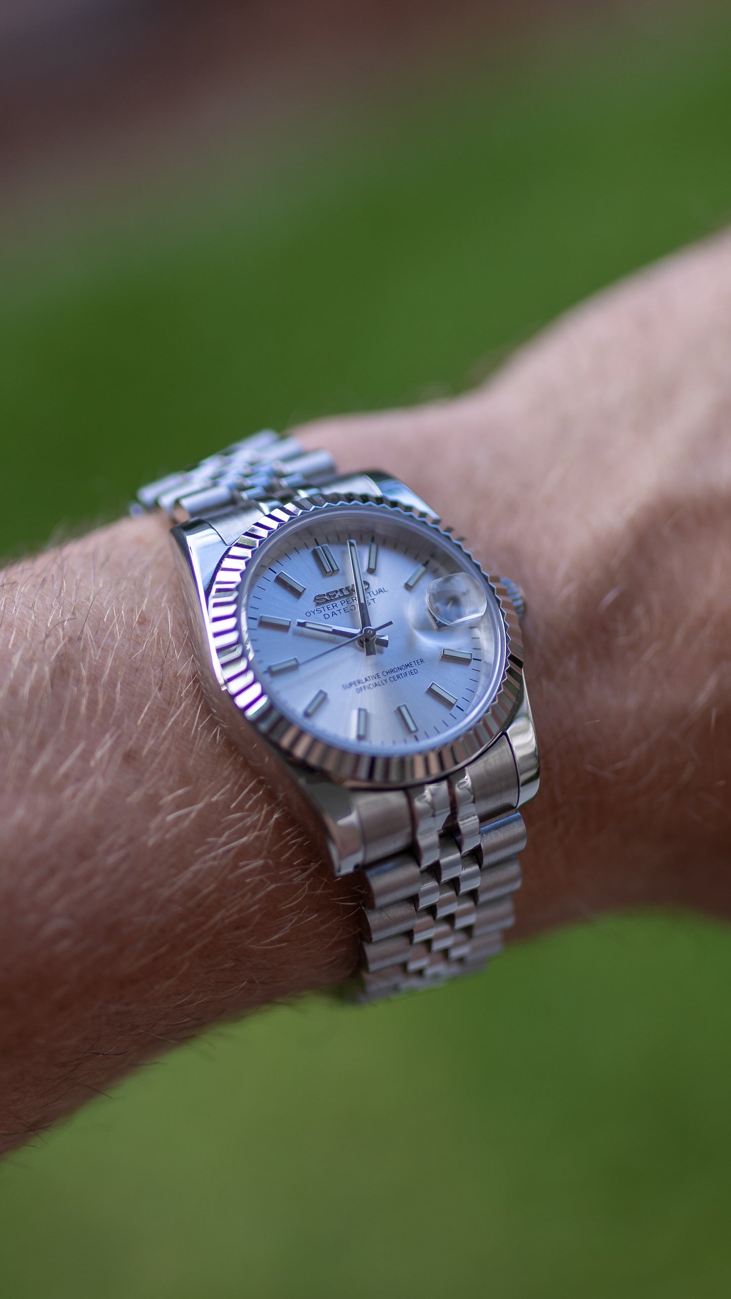 PrestigeWatchMods Custom Seiko Silver Datejust style NH35 automatic watch, On Wrist View 