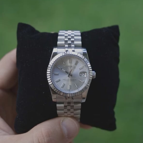PrestigeWatchMods Custom Seiko Silver Datejust style NH35 automatic watch, Video 